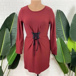 No Comment red lace up long sleeve dress